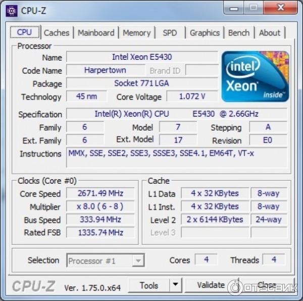 Intel Xeon E5430 - CPU-Z 1.75.0 x64