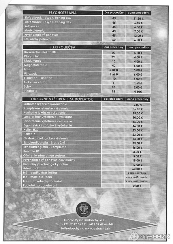 2. ценник лечебных процедур Вышне Ружбахи