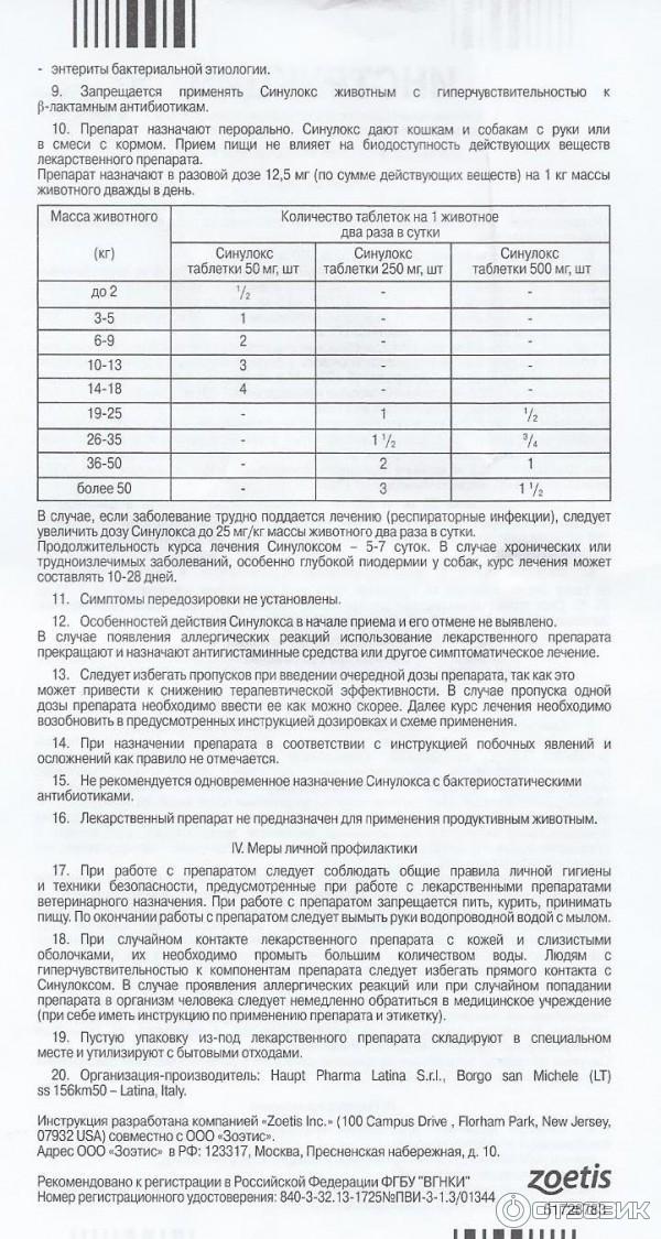 Синулокс для кошек инструкция