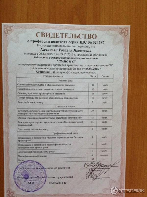 Как выглядит свидетельство об окончании автошколы 2025 Отзыв о Автошкола "Шанс и С" (Россия, Краснодар) Достойная автошкола.